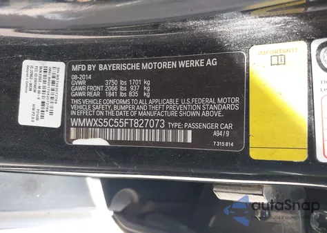 2015 Mini Hardtop Cooper from USA, damaged, VIN WMWXS5C55FT827073